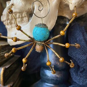 Handmade beaded spider hanging ornament turquoise